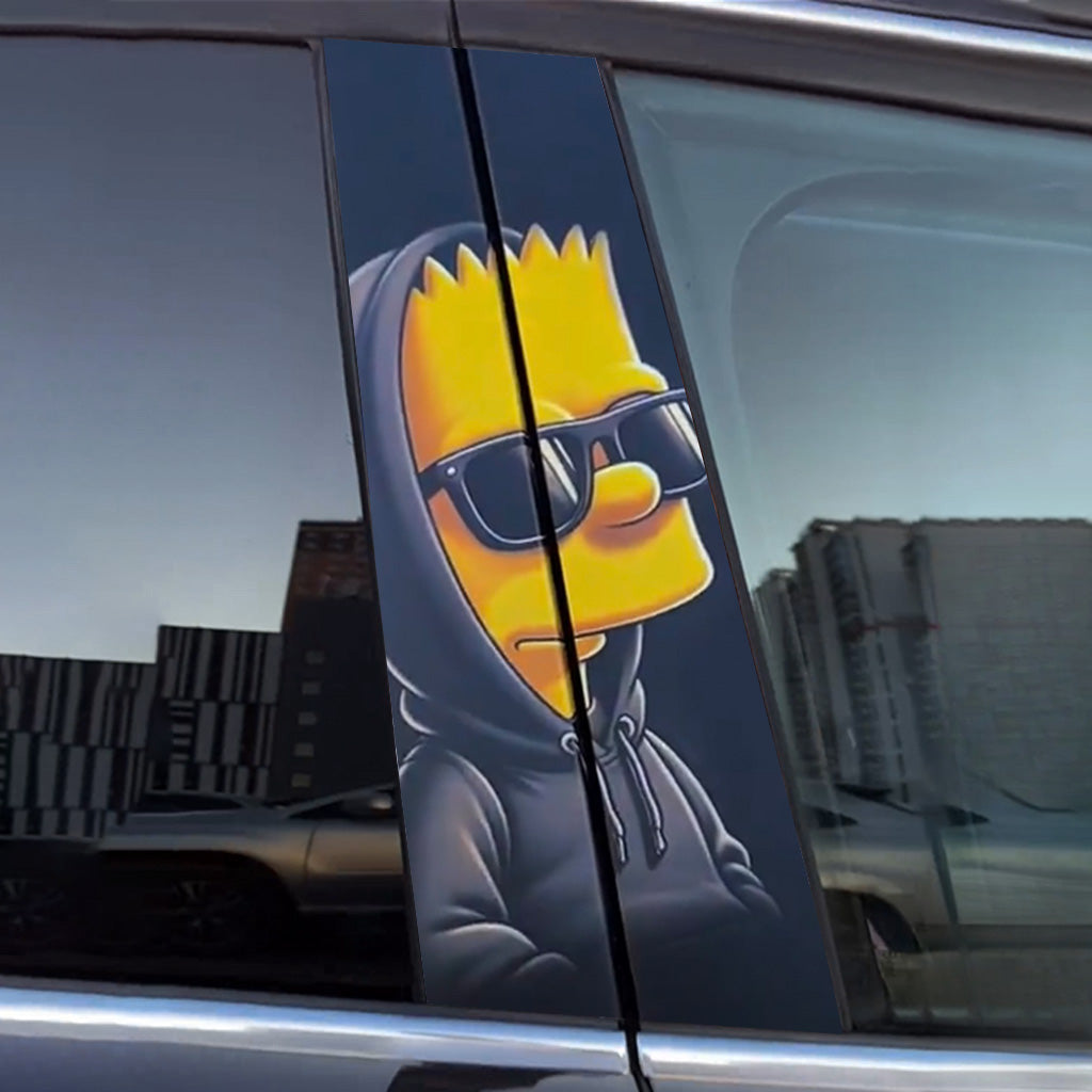 Cool Bart Simpson vinyl decal sticker applied on a car door. Features Bart in a hoodie and sunglasses, arms crossed, against an urban backdrop. Easy to apply and remove, perfect for personalizing your vehicle with iconic cartoon attitude.