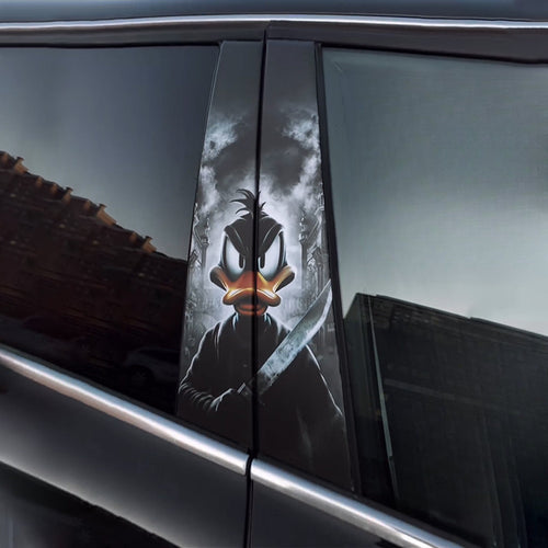 A custom car window sticker featuring a dark-themed Daffy Duck holding a knife, set against a gloomy sky. This unique horror cartoon decal is perfect for personalizing your vehicle's side window.