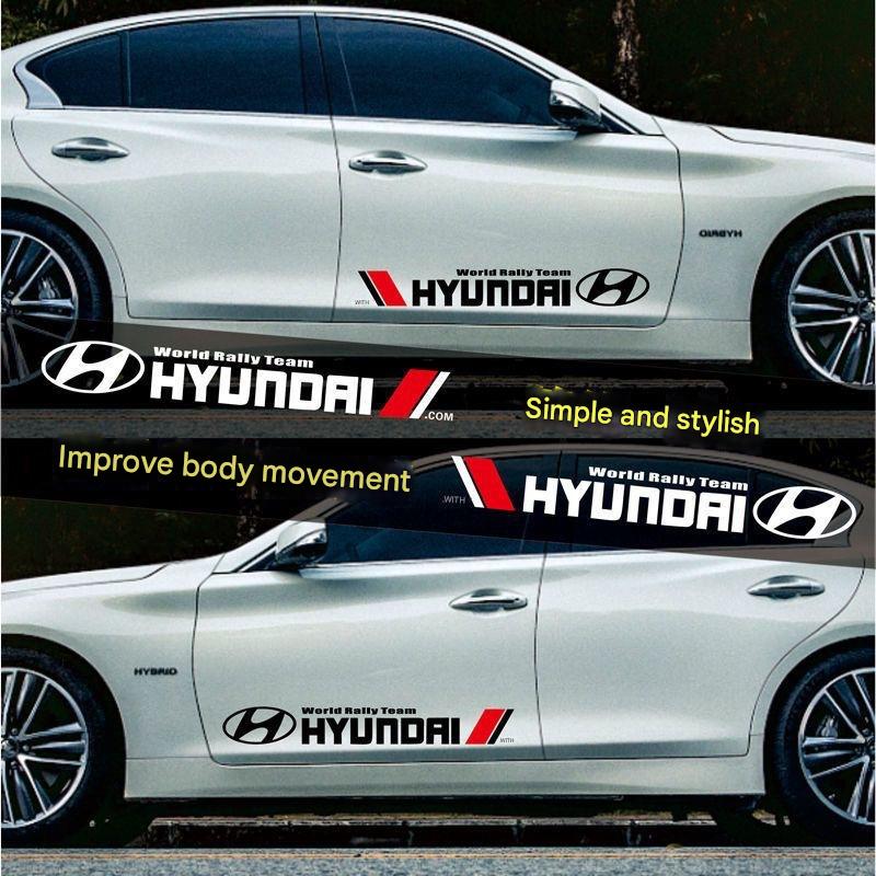 Complete "World Rally Team" livery decal kit applied to a silver Hyundai car, featuring bold red and black racing stripes and official branding. Perfect for customizing your Hyundai to emulate the iconic WRC rally look.