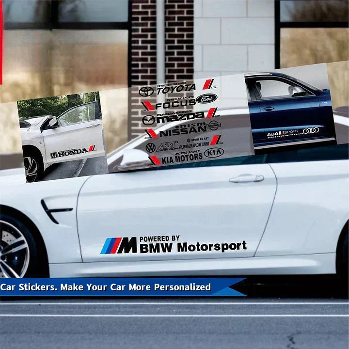 A white car serves as a dynamic display for a diverse collection of official car brand stickers, including Honda, Toyota, Ford, Kia, Mazda, Nissan, and features a prominent “POWERED BY BMW Motorsport” decal. Perfect for visualizing how these premium decals look when applied.