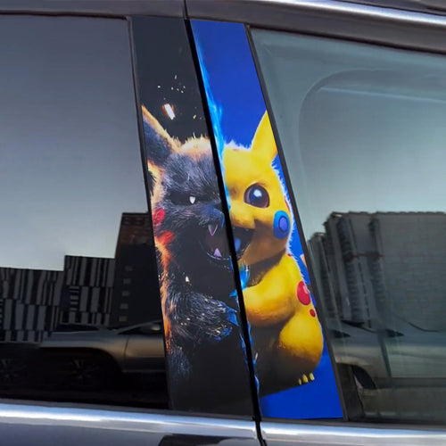 Set of two Pikachu car door stickers - one in sleek black and one in classic yellow - displayed on a blue background. This easy-to-apply vinyl decal set lets you customize your vehicle with iconic Pokémon style.
