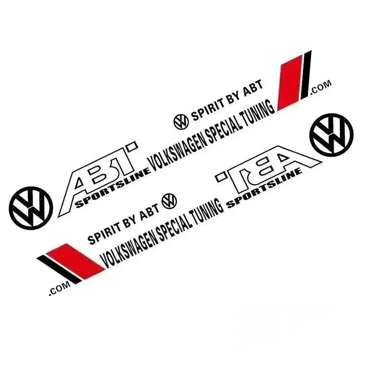 Collection of premium Volkswagen tuner decals, featuring the distinct logos of ABT SPORTSLINE (with red accent) and TECHART. This design highlights a commitment to quality performance upgrades for VW, Audi, and Porsche models.