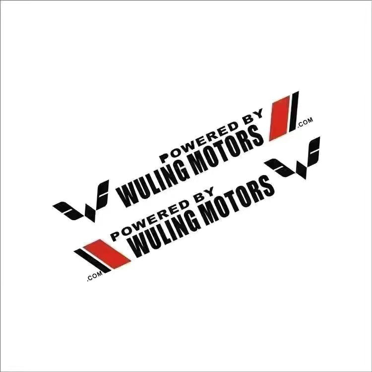 “POWERED BY WULING MOTORS” branding decals with a modern, symmetrical design. Ideal for personalizing your Wuling electric vehicle or showcasing brand pride in the growing EV customization scene.